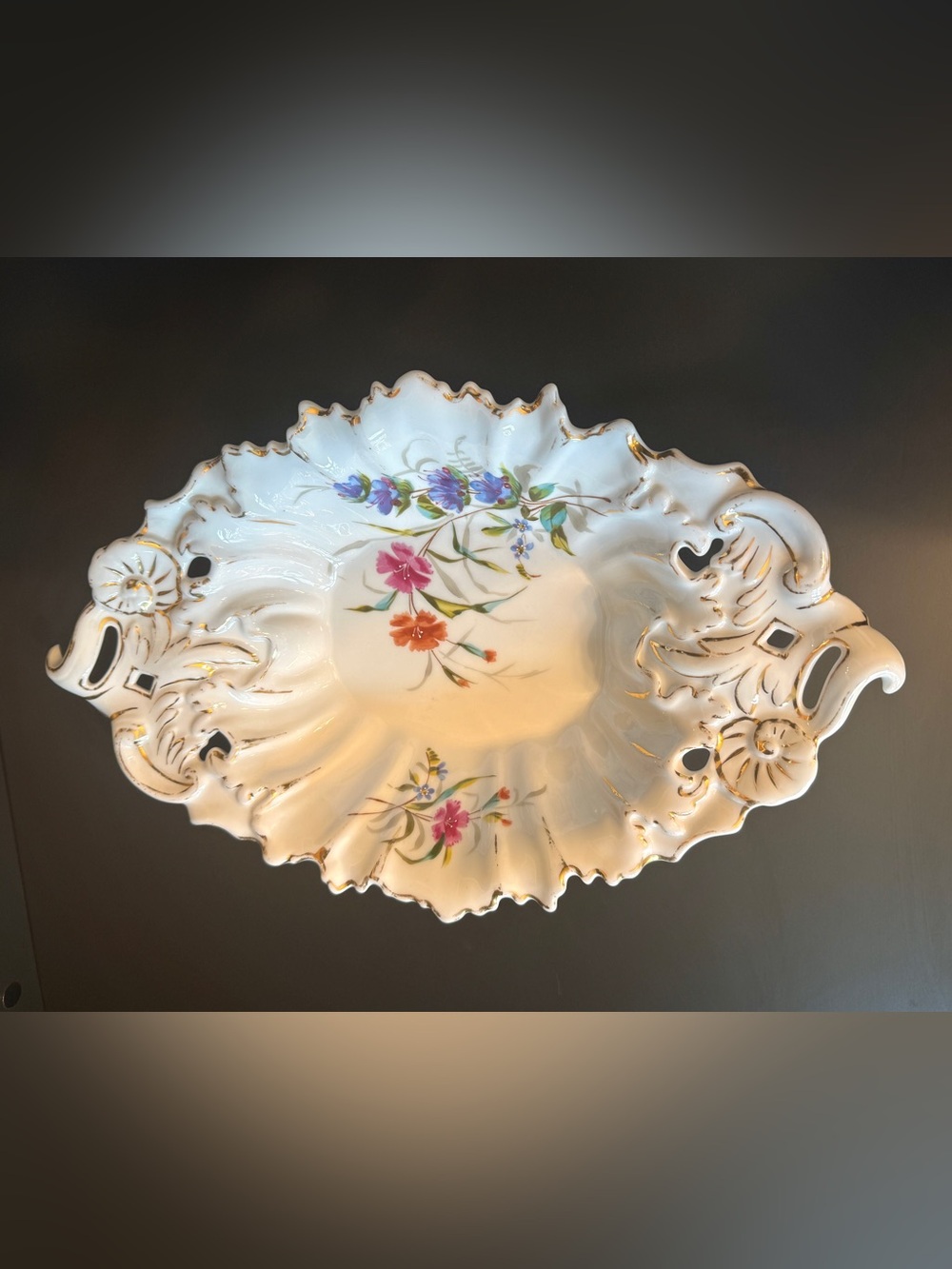 Antique German Porcelain Pierced Floral Bowl 14” Hand Painted Gilt